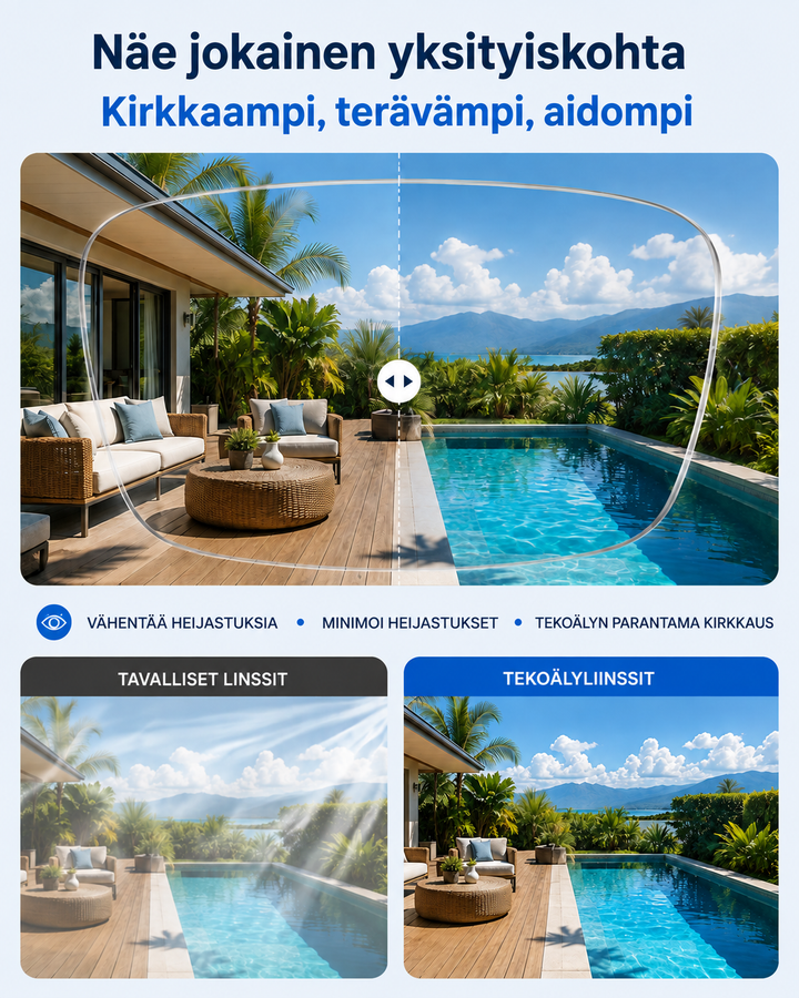 Split-screen outdoor patio and pool scene comparing glare on regular lenses with a clearer, sharper image from the camera lens. 5