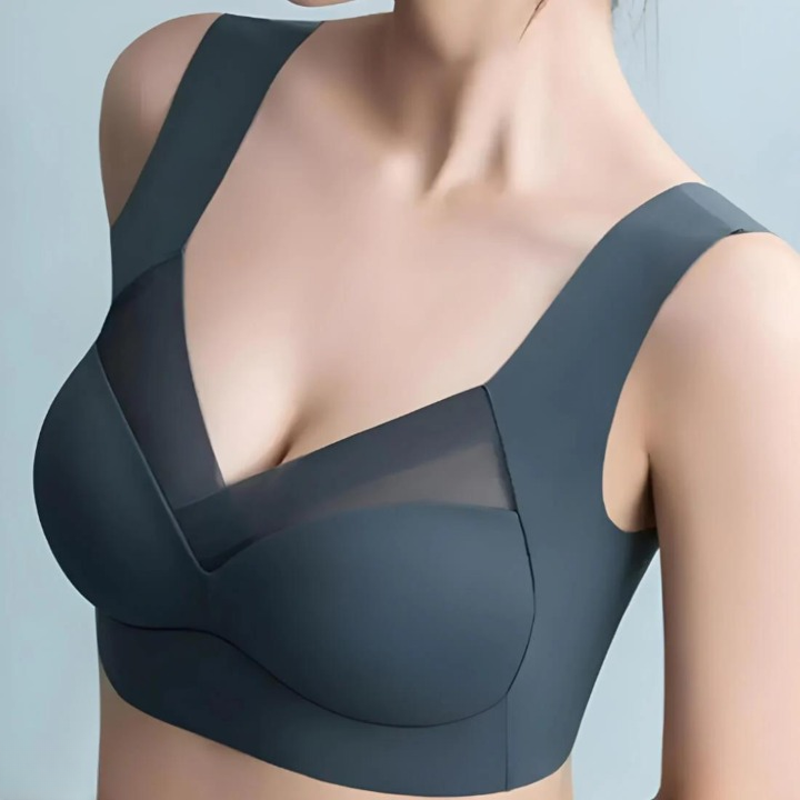 Seamless Ultra-Comfort Bra in slate blue with a V-neckline, sheer mesh panel and wide shoulder straps.
