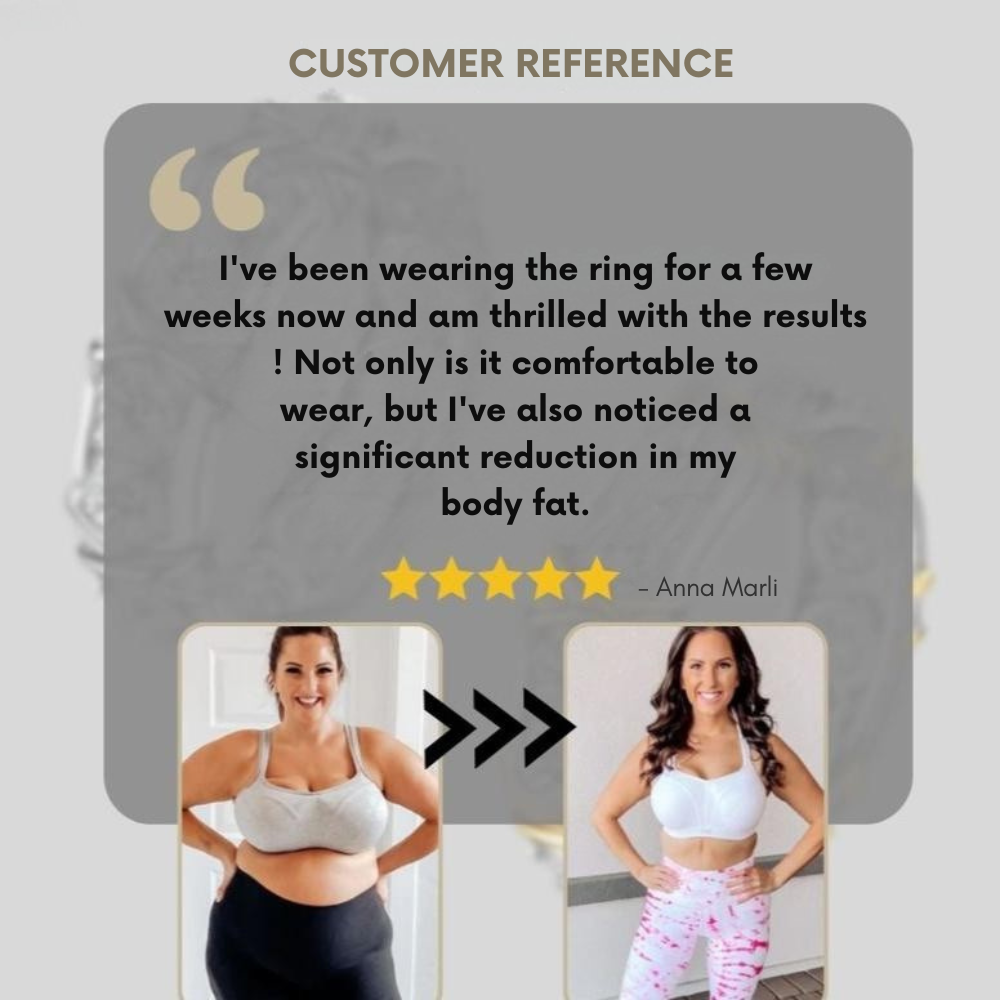 Magnetic wellness ring another view with a five-star rating and smiling woman in sportswear