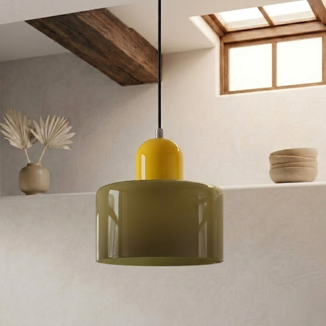 Olive green drum pendant with a bright yellow rounded cap, suspended from a black cord near a skylight. 11