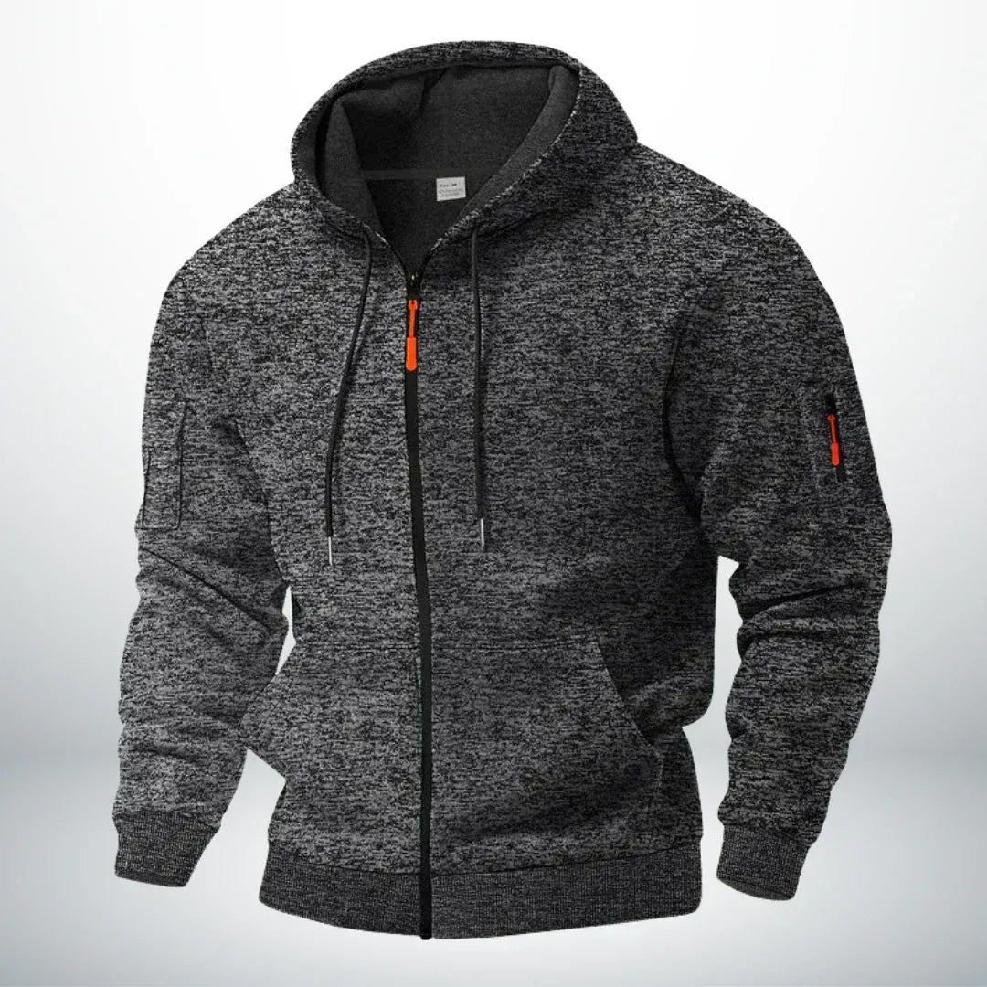 Front view of the hoodie in heathered charcoal gray, with fleece-lined hood and orange zipper details 5