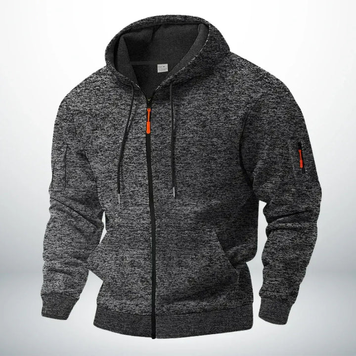 Front view of the hoodie in heathered charcoal gray, with fleece-lined hood and orange zipper details 5