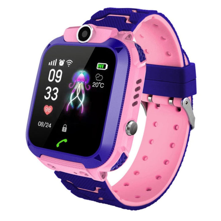 Single pink and purple kids smartwatch angled to show the jellyfish watch face, top camera, side button and dotted pink strap. 9