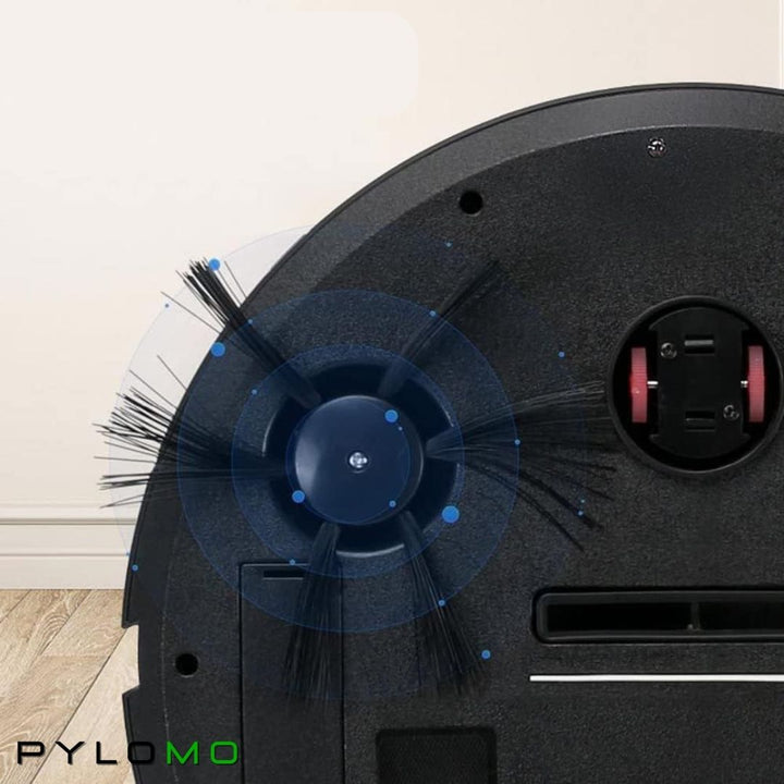 Underside close-up of a black robot vacuum showing a spinning side brush, a front wheel and the suction opening 6