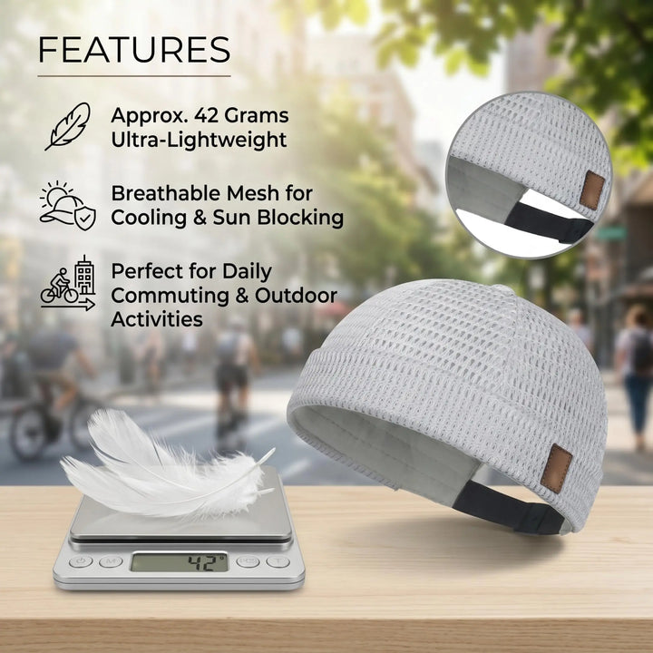 Light gray mesh cap beside a feather on a digital scale, with a close-up of the rear strap 5