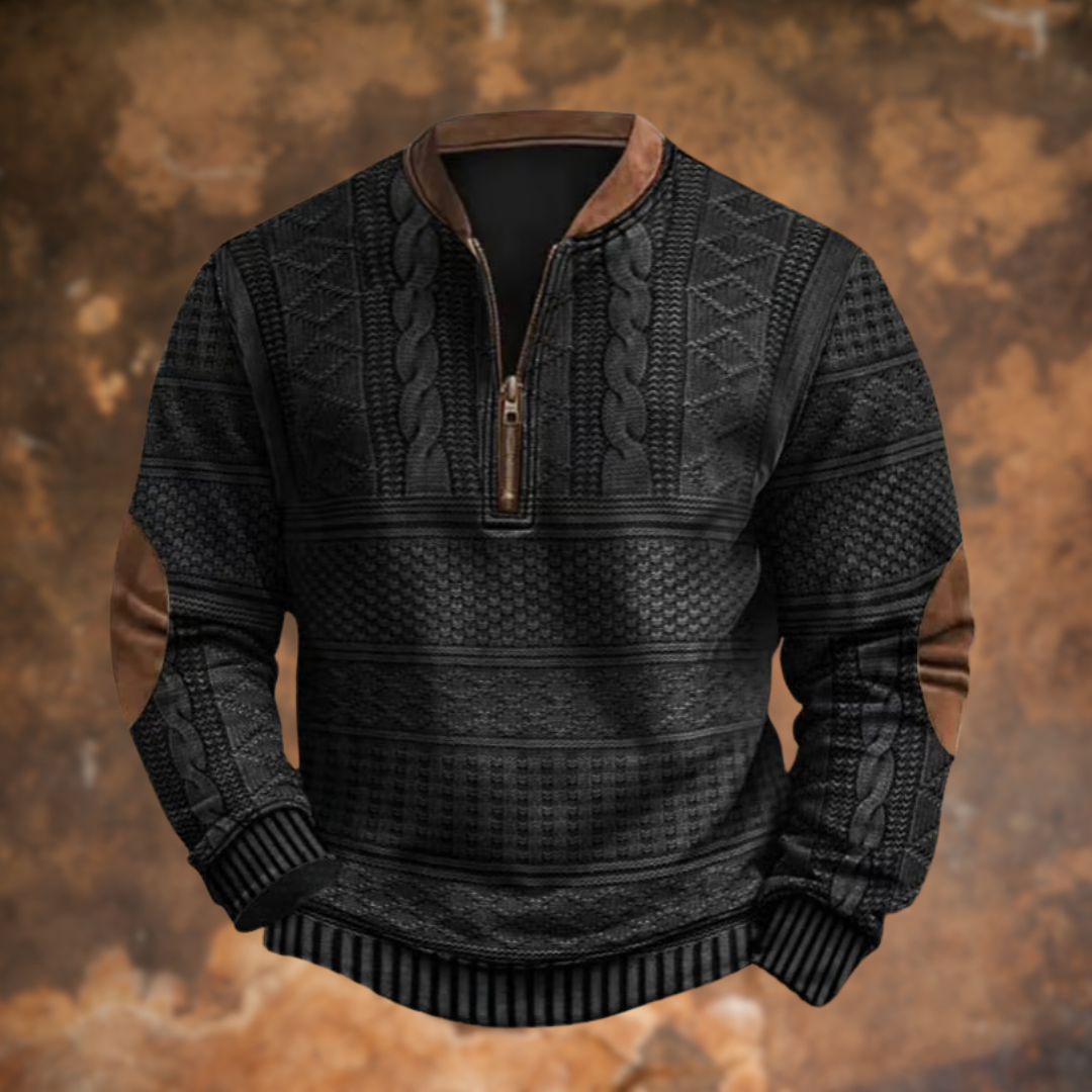 Black textured knit pullover with brown collar trim, zipper pull and elbow patches.