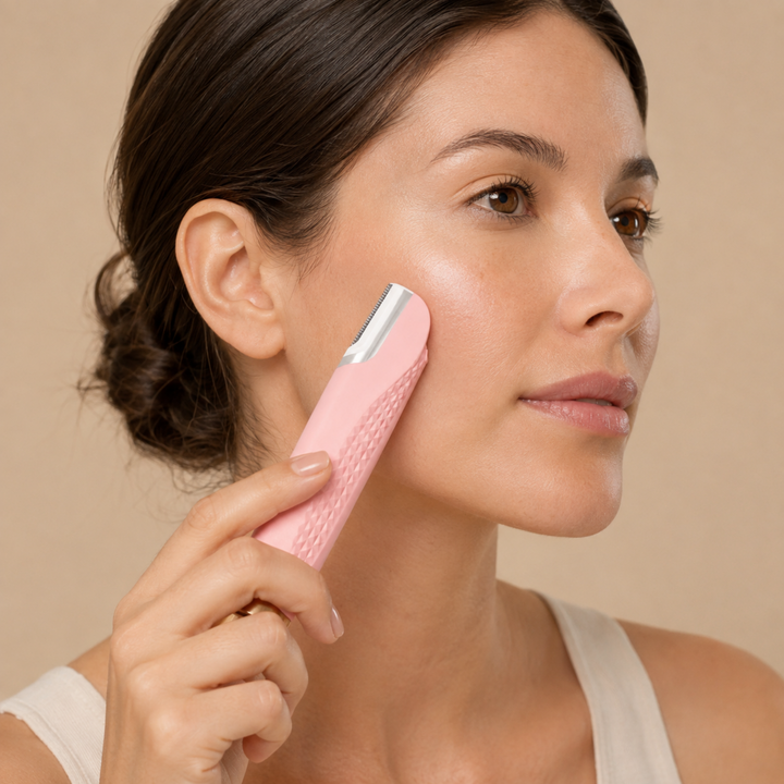 Woman with her hair tied back gliding the pink device with its diamond-textured grip along her cheek.