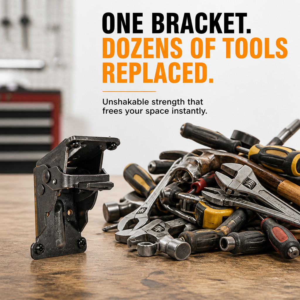 Dark metal folding bracket standing on a workbench beside wrenches, screwdrivers and hammers.