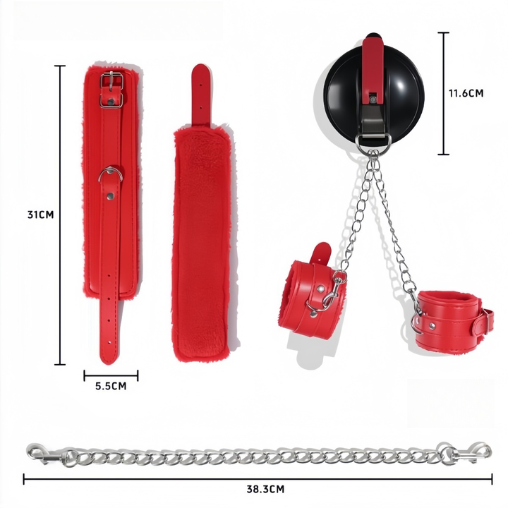 Dimension diagram of red plush-lined buckle cuffs, shown with the suction mount, silver chains and measurements. 11