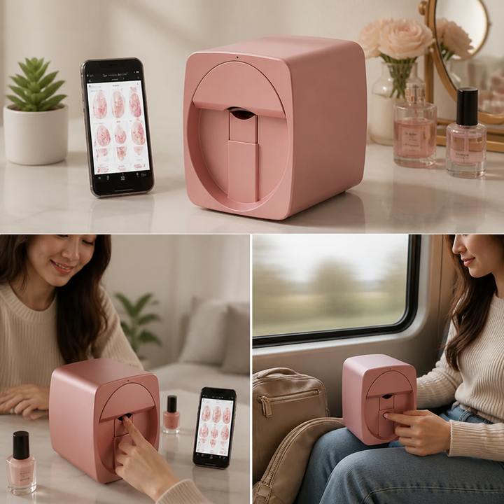 Collage of the printer beside a phone with nail designs, a woman using it on a sofa table, and another on a train. 6