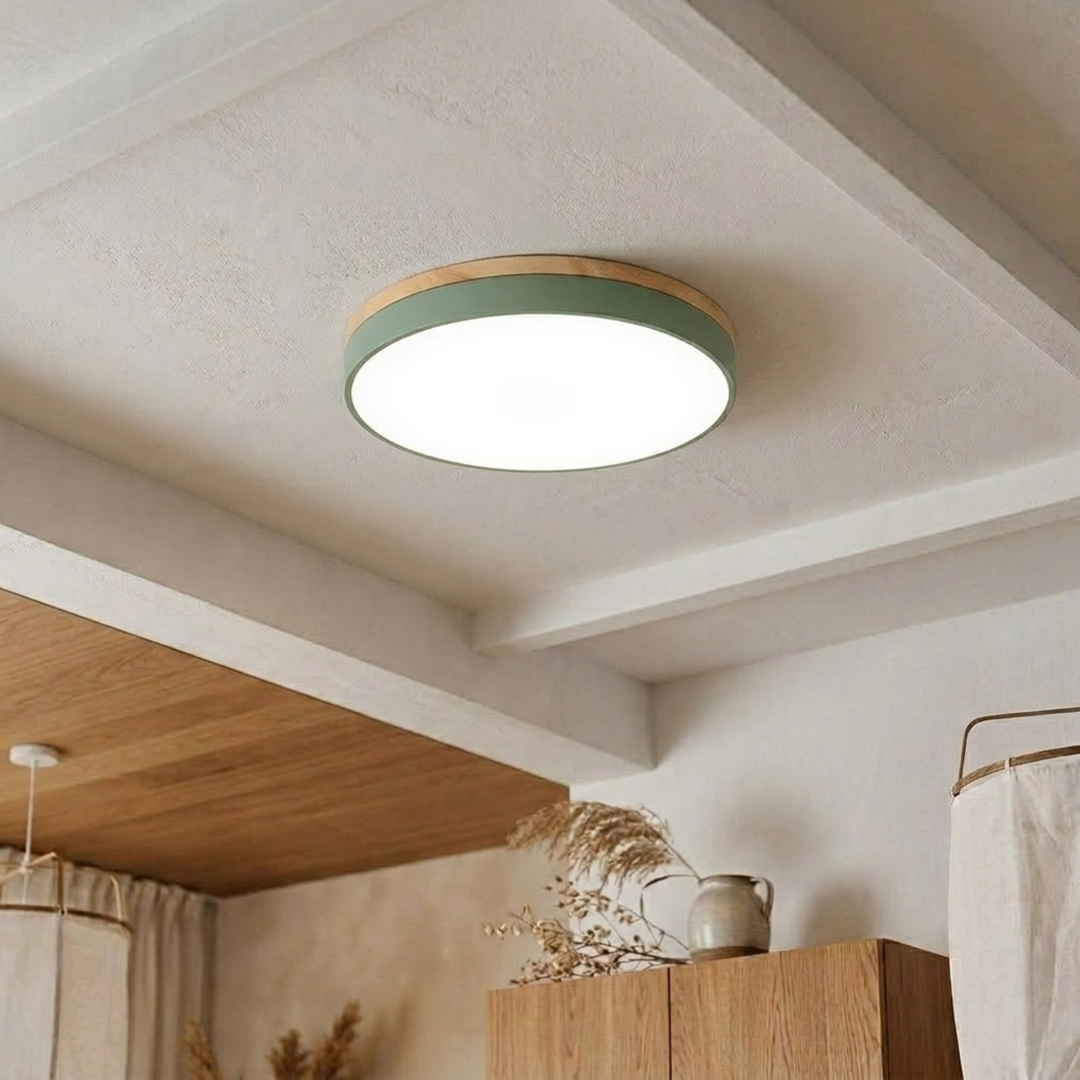 Green flush-mount disc ceiling light with a wood-grain top band, glowing cool white on a plaster ceiling above wooden shelves. 1