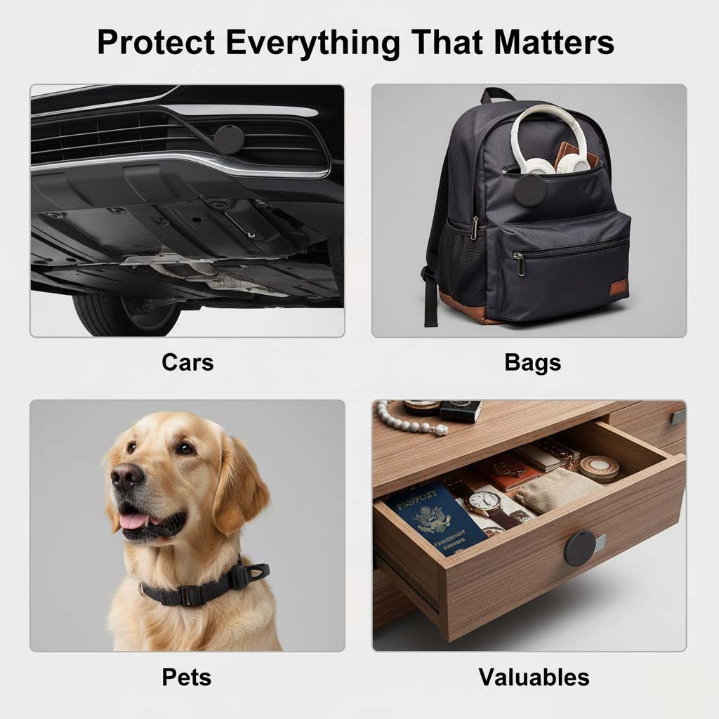 Four-panel collage showing the tracker on a car underside, a backpack pocket, a dog's collar and a desk drawer.