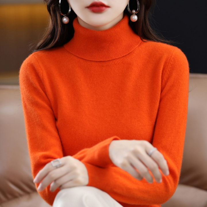 Bright orange turtleneck sweater another view.