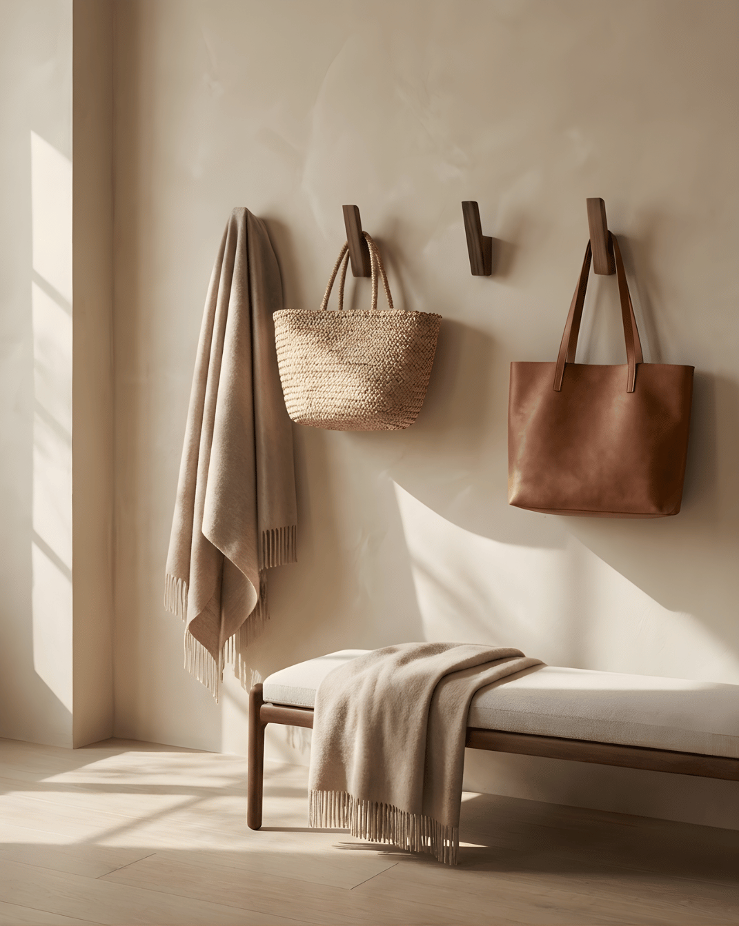 Dark walnut-toned wall hooks in an entryway holding a beige fringed throw, a woven straw basket and a brown leather tote above a bench. 1