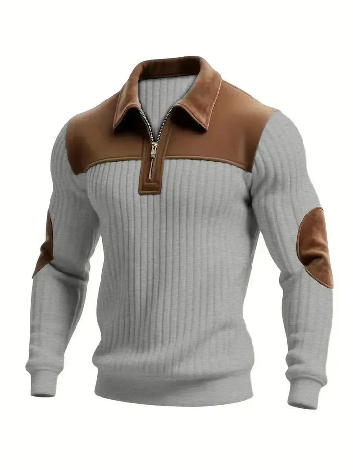 Light gray ribbed pullover on a ghost mannequin, with brown suede-look yoke, half zip and elbow patches 5