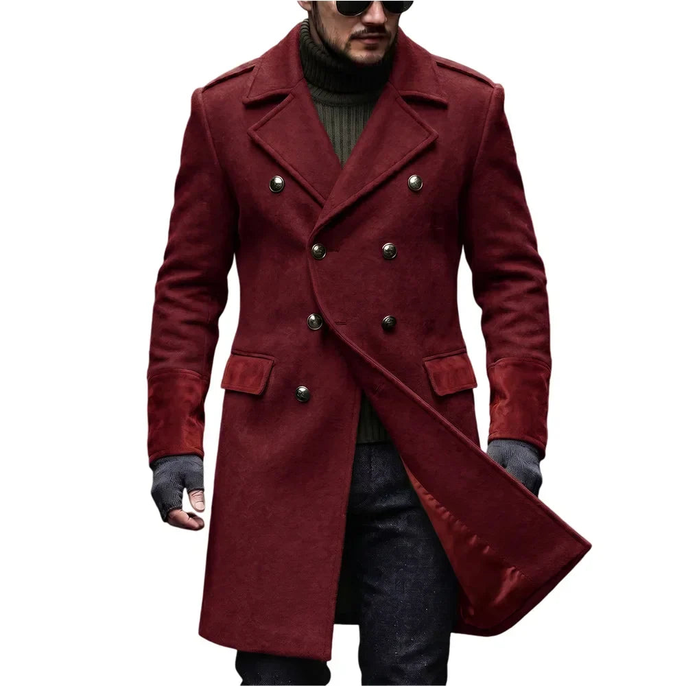 Burgundy red double-breasted overcoat on a model, front view showing metal buttons, flap pockets and cuffs 5