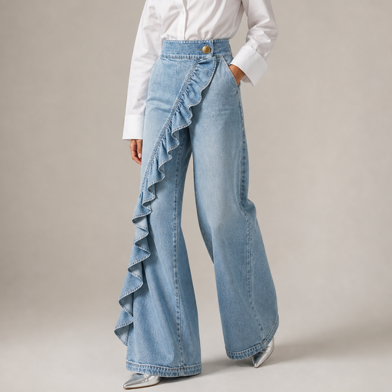 Light-wash wide-leg denim pants with a diagonal ruffle, another view.