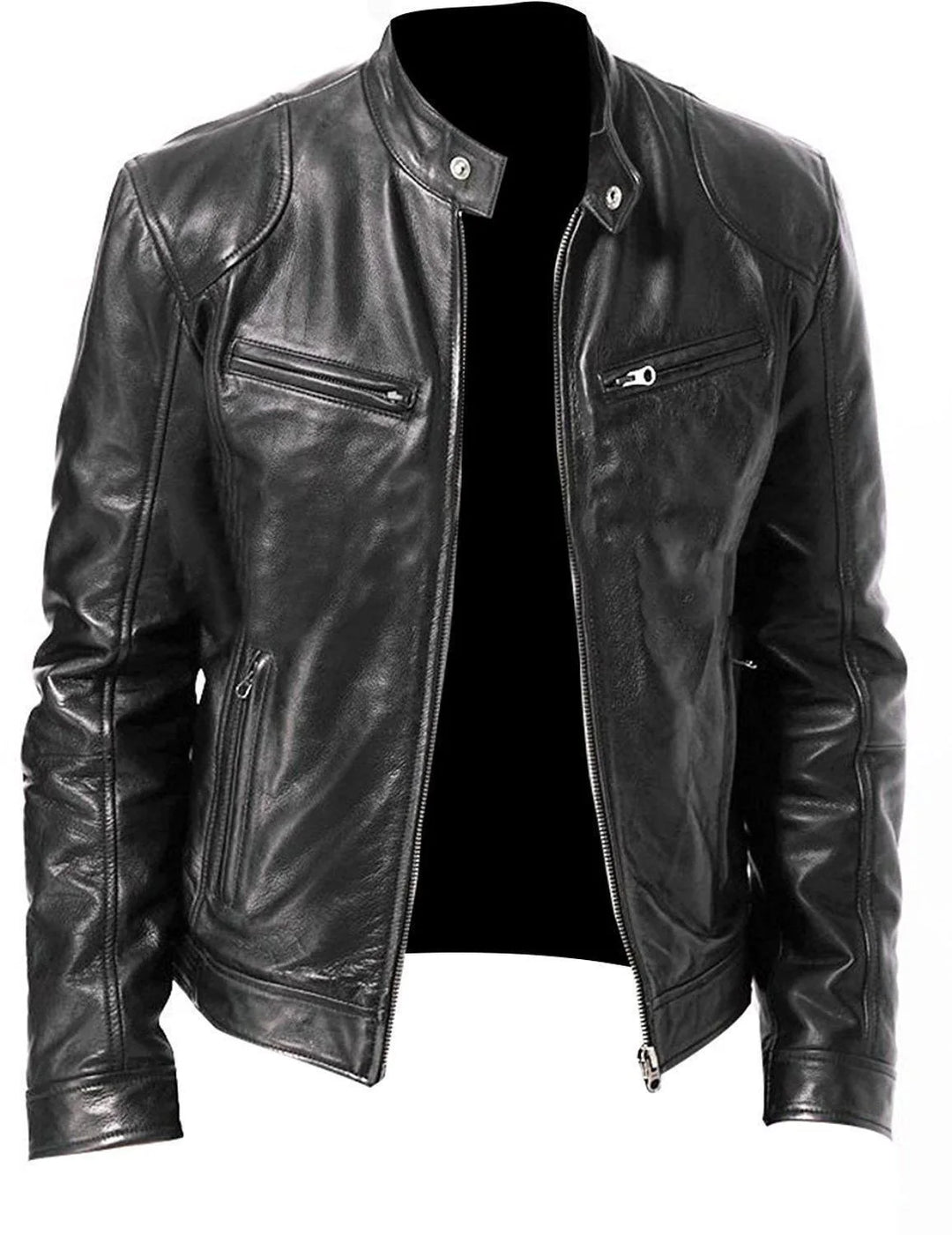 Black leather jacket displayed unzipped on a mannequin against a plain background, front view 5