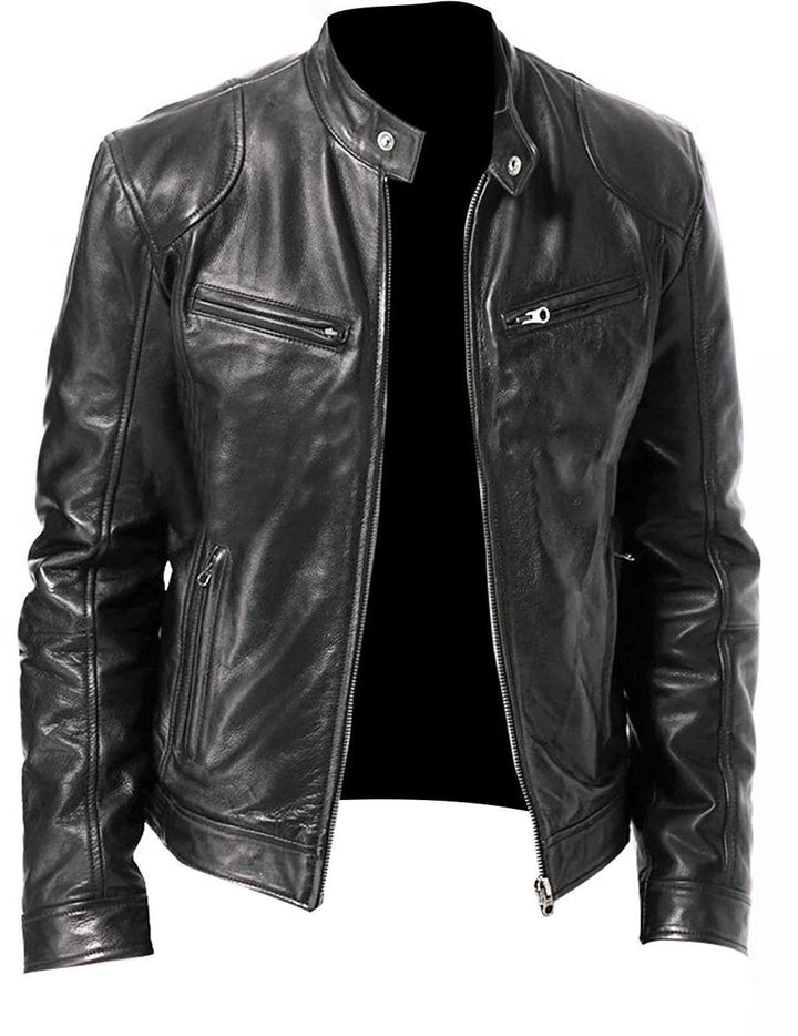 Black leather jacket displayed unzipped on a mannequin against a plain background, front view 5