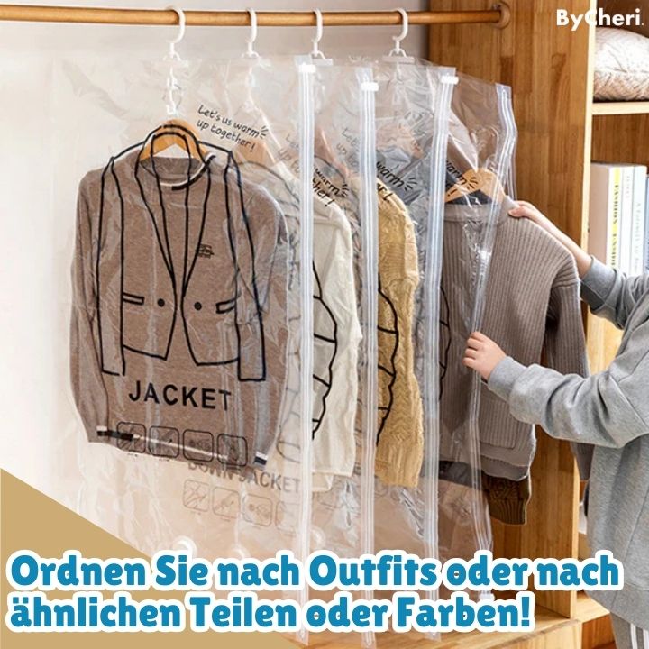 Another view of clear zippered bags hanging from a closet rod with clothes inside.