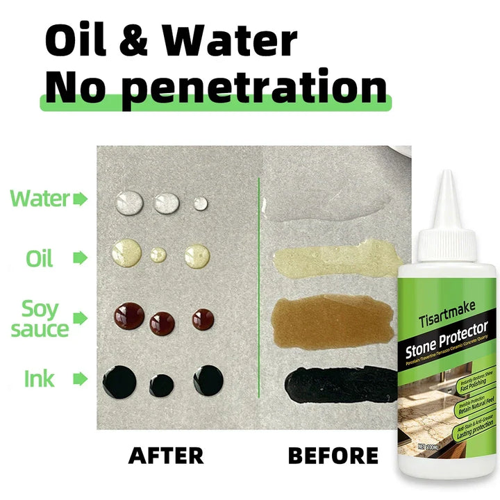 Test surface comparing water, oil, soy sauce and ink beading up after treatment versus spreading before 5