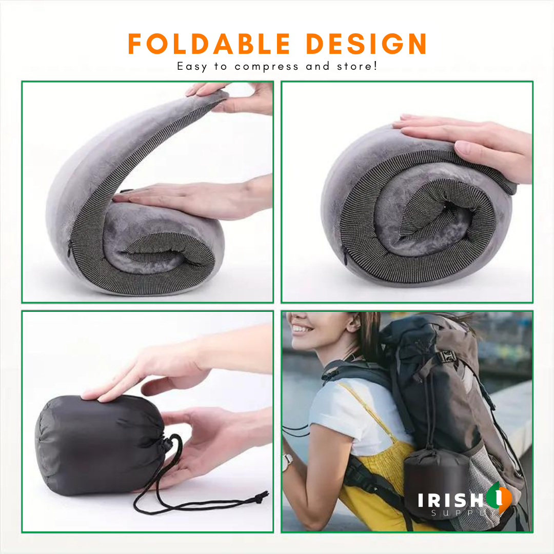 Gray front-support travel neck pillow with teal lining folded with a black drawstring pouch.