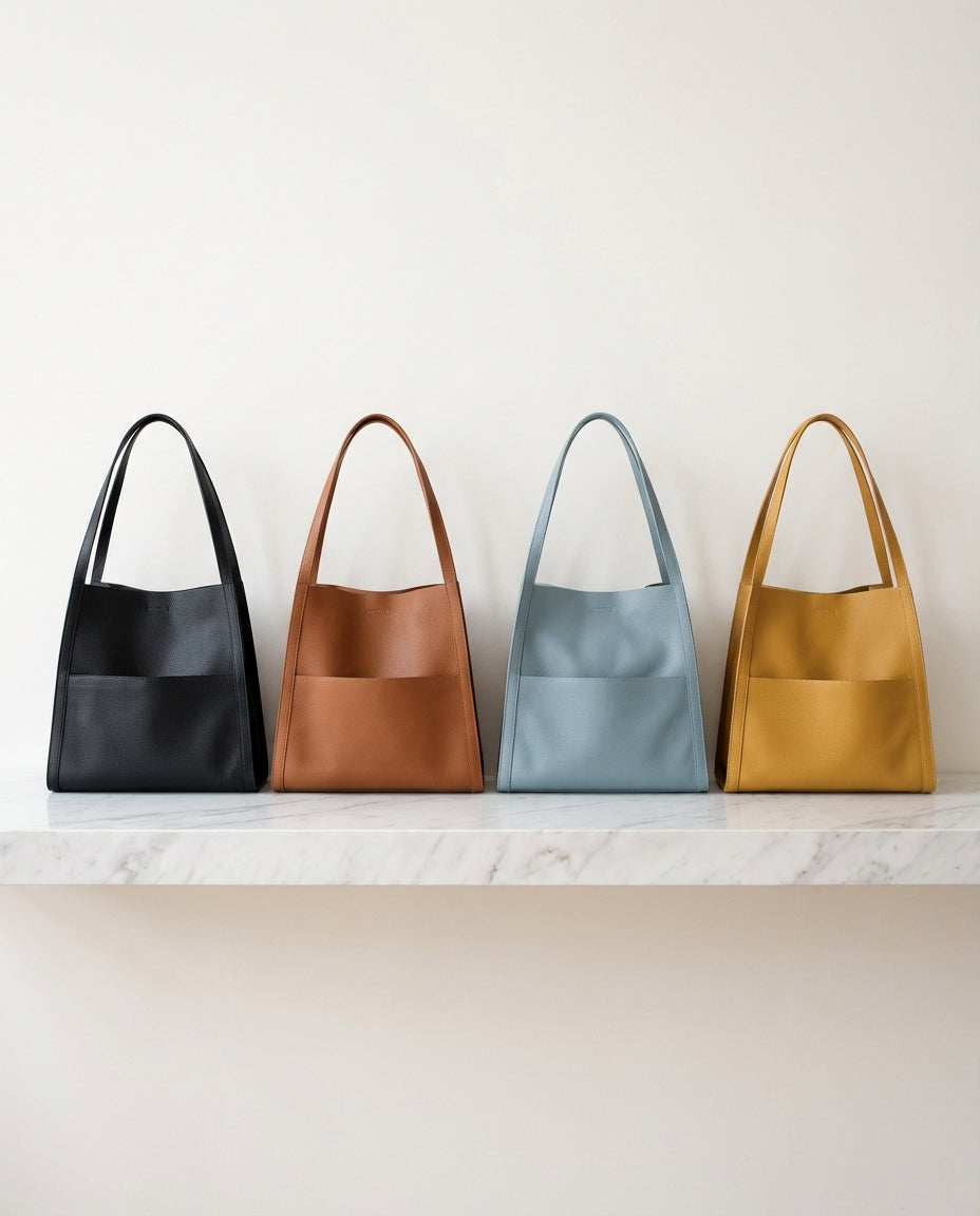 Four tote bags in black, brown, light blue and mustard yellow lined up side by side on a white marble shelf.