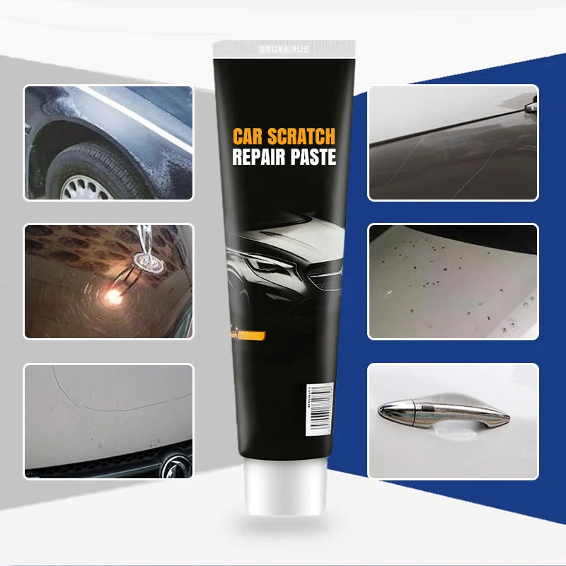 The black tube standing upright, surrounded by six small photos of car damage including swirl marks, fine scratches, paint specks and a door handle. 5