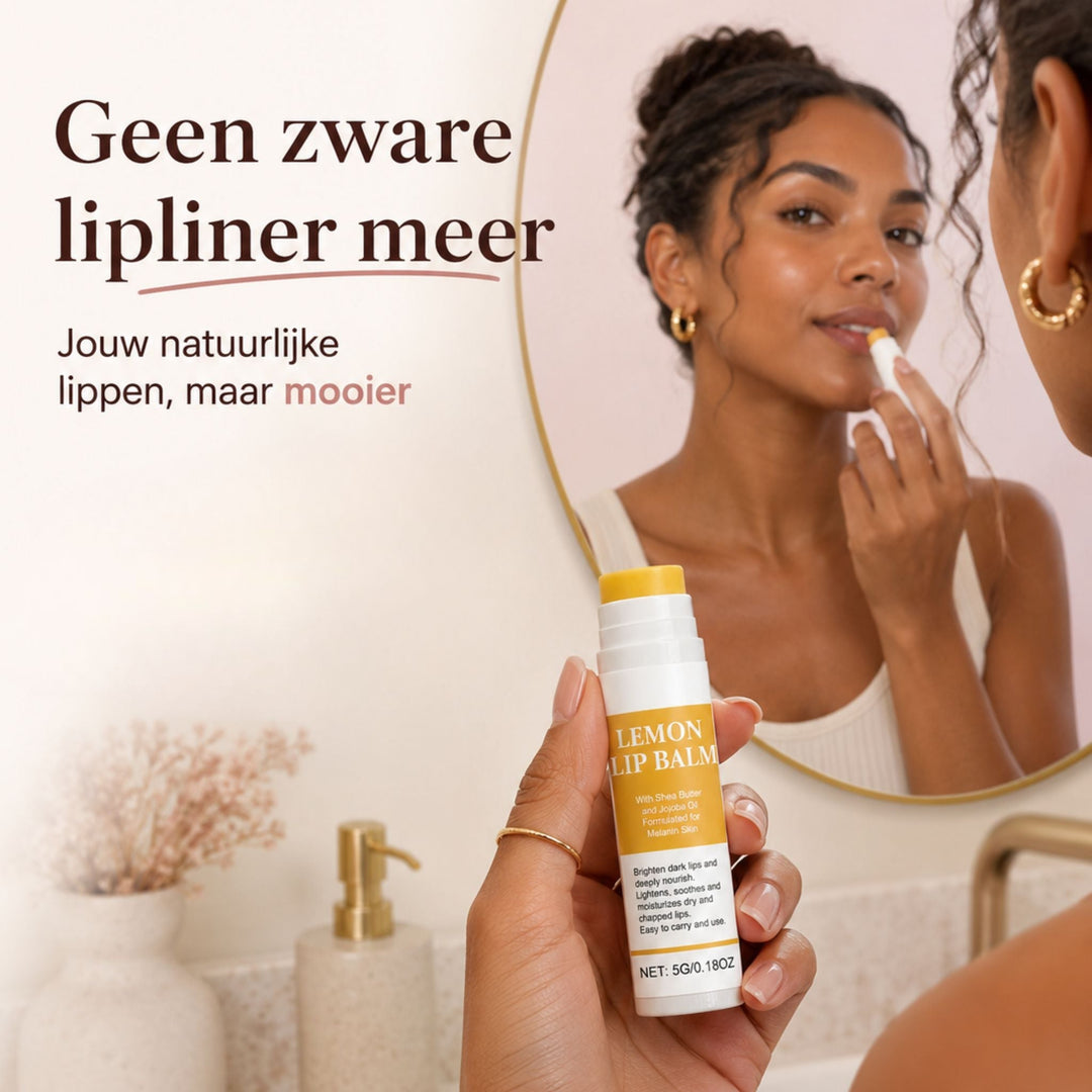 Lemon Lip Balm yellow balm stick being applied to lips in a mirror.