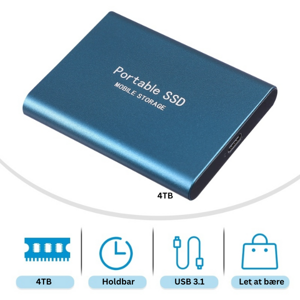Blue portable drive another view with capacity, durability, USB 3.1 and portability icons.