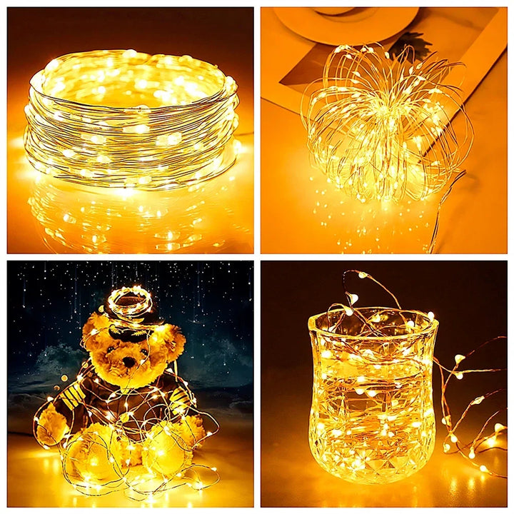 Four-panel collage showing warm lights coiled, fanned out, wrapped around a teddy bear, and inside a glass 5