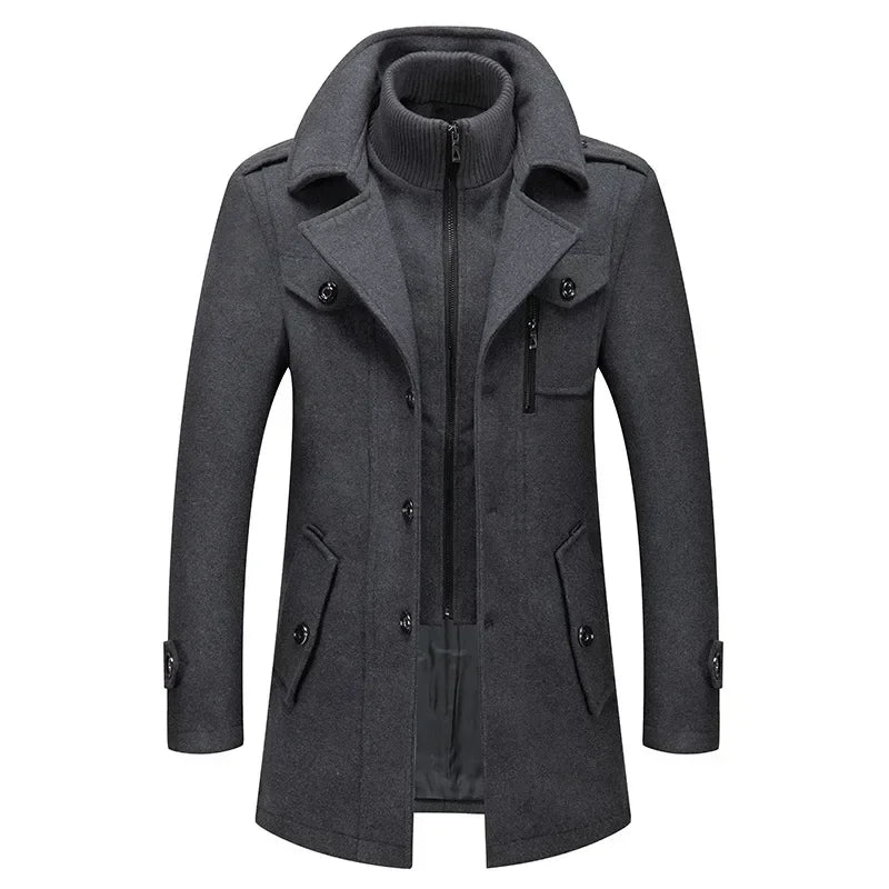 Gray coat laid flat from the front, with ribbed knit inner collar and zipper 5