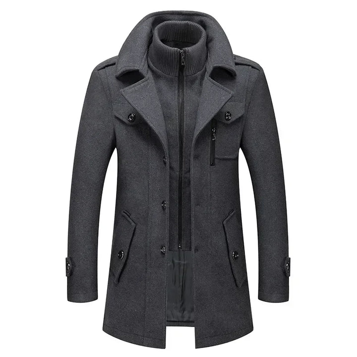 Gray coat laid flat from the front, with ribbed knit inner collar and zipper 5