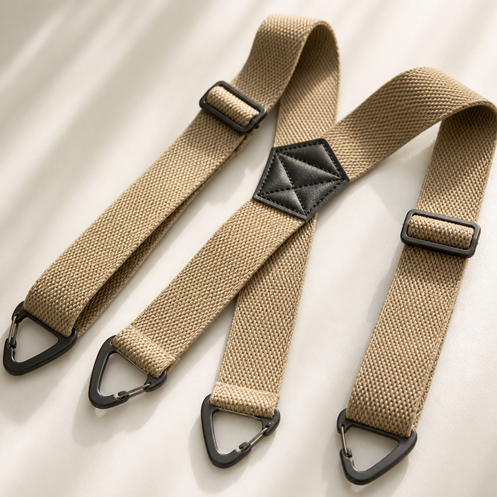 Tan X-back suspenders laid flat with black triangular clips and a leather center patch.