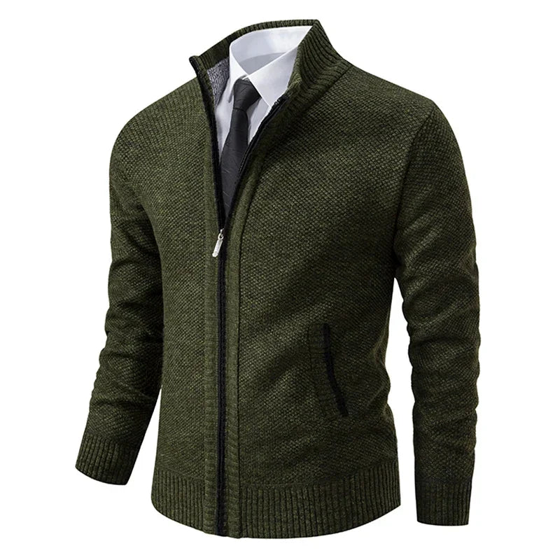 Olive green knit zip cardigan at an angle, styled with a white shirt and black tie 5