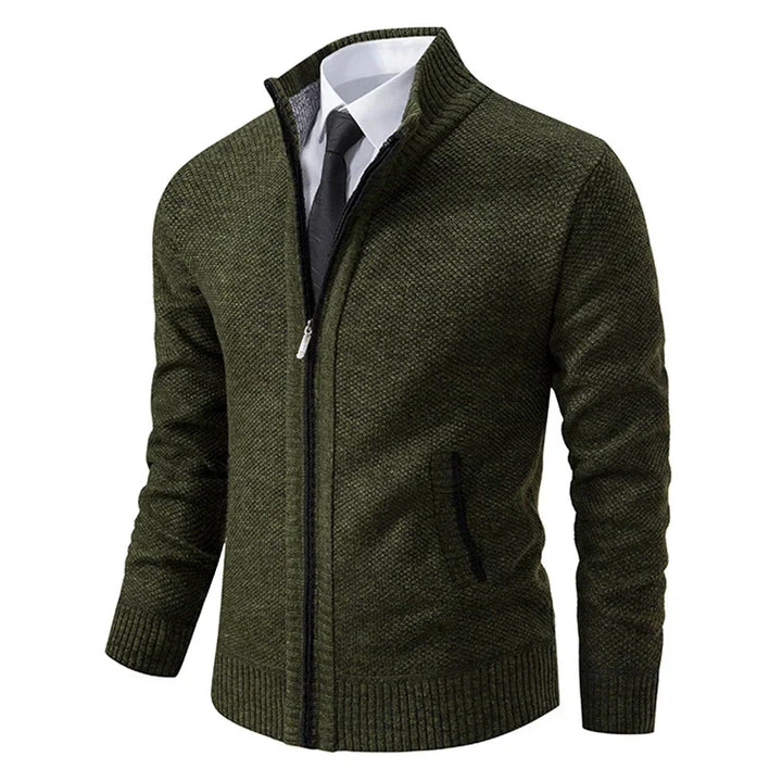 Olive green knit zip cardigan at an angle, styled with a white shirt and black tie 5