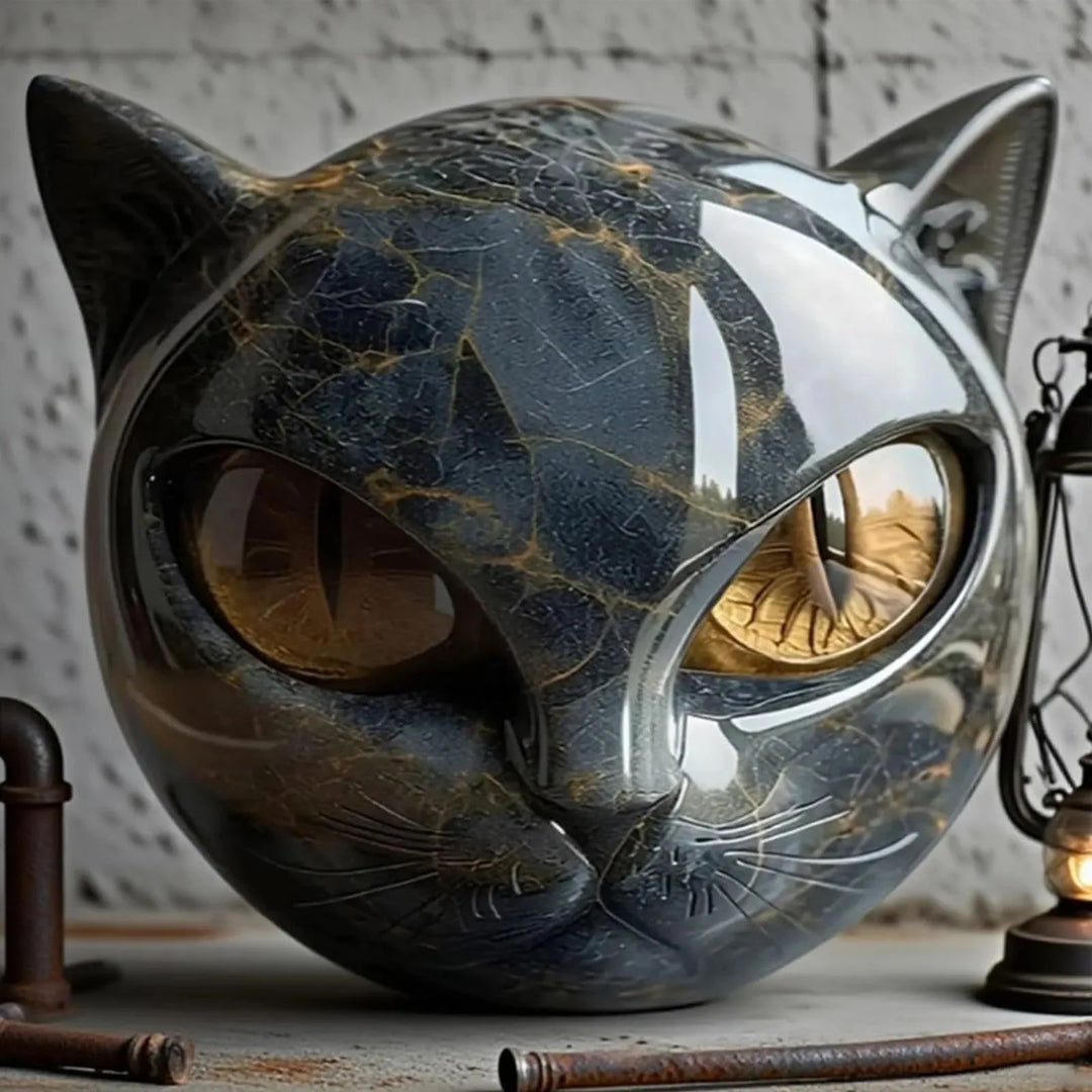 Cat head sculpture styled on a concrete surface next to a vintage lantern and rusty pipes 5