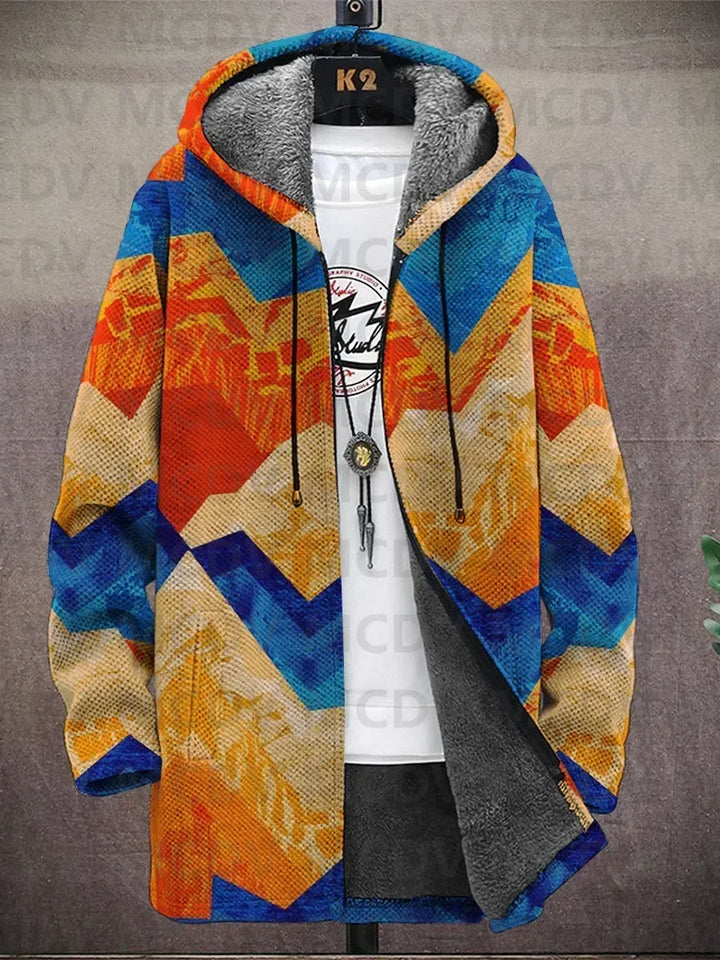 Hooded jacket on a hanger in orange, blue and tan zigzag chevron print, with fleece lining visible 5