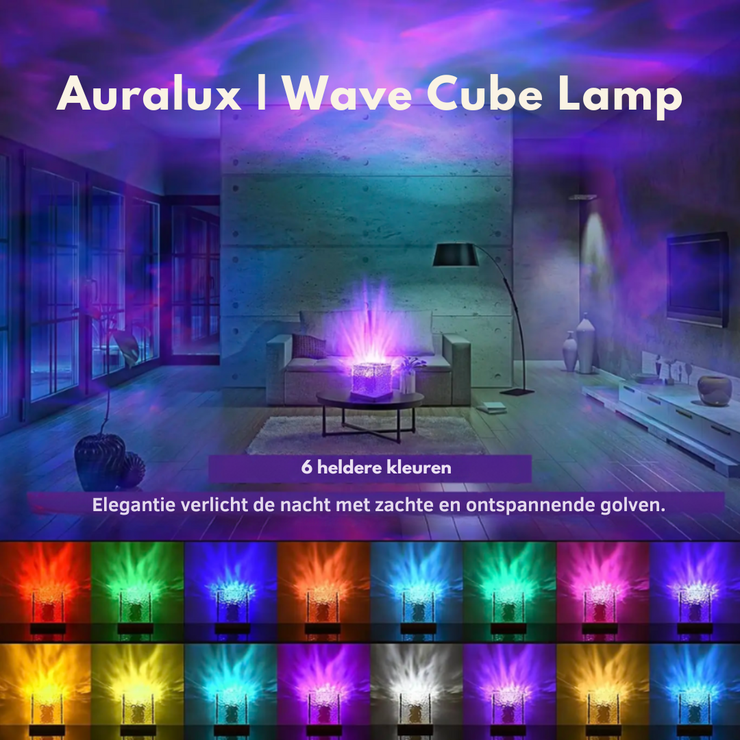 Cube lamp casting purple light waves across a modern living room, with a grid of sixteen color variations below. 9
