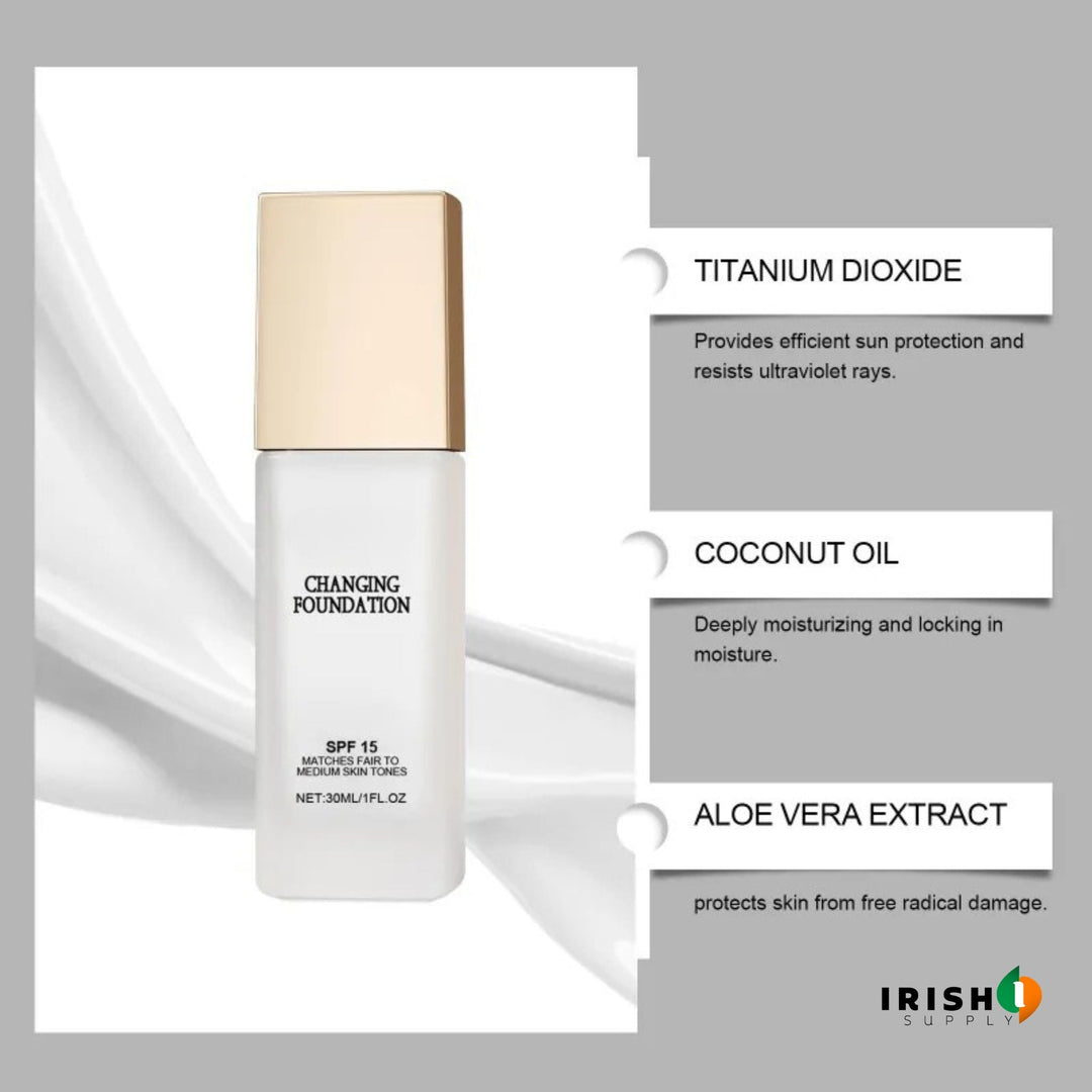 Foundation bottle on a white satin swirl background with callouts for titanium dioxide, coconut oil and aloe vera extract.
