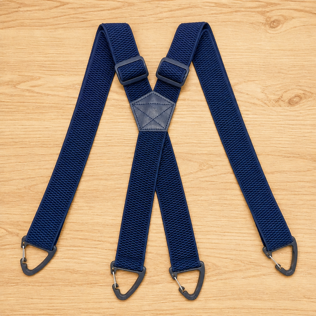 Navy blue X-back suspenders laid flat with four dark clips and a stitched center patch.