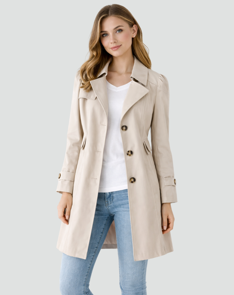 Lighter cream trench coat worn with a white tee and blue jeans.