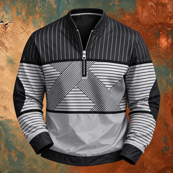 Black and white version of the striped half-zip pullover with geometric chest panel on a textured background 3
