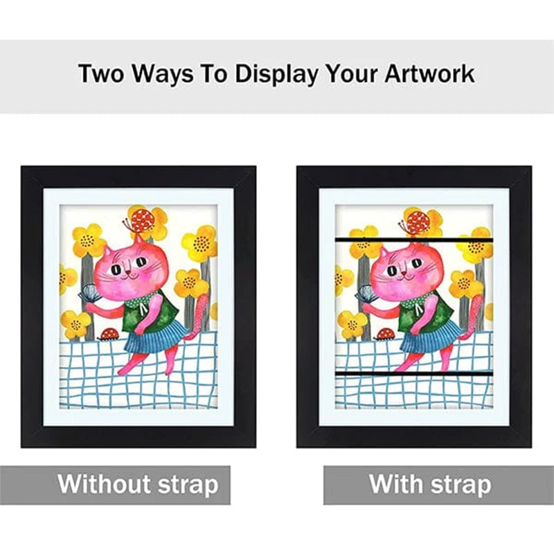Two black kids art frames detail showing a pink cat painting displayed without elastic straps and with straps across it.