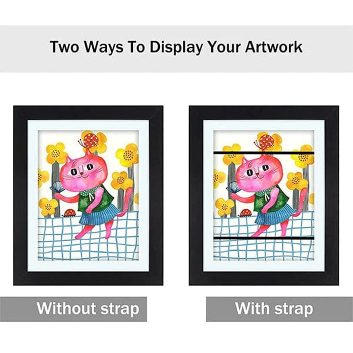 Two black kids art frames detail showing a pink cat painting displayed without elastic straps and with straps across it.