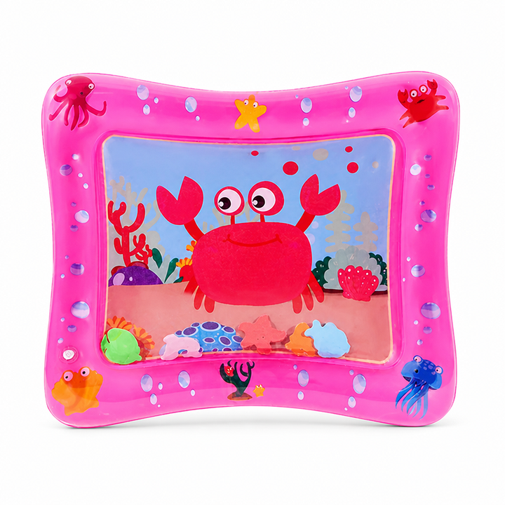 Pink-bordered rectangular water mat with a red crab and colorful floaters.
