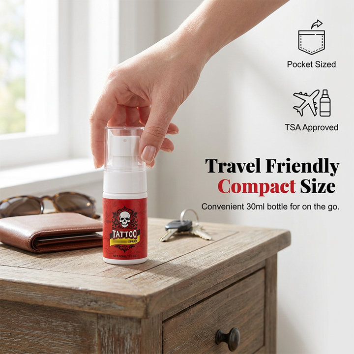 Hand reaching for the small bottle on a wooden nightstand beside sunglasses, a wallet and keys.