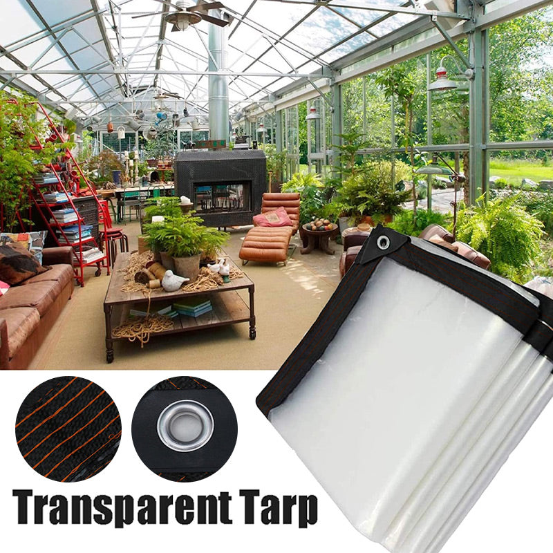 Clear tarp with black woven border and metal eyelet, with plants visible behind.