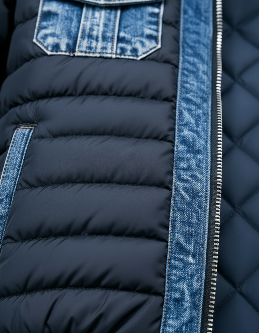 Men's blue quilted denim jacket detail with navy quilting, denim placket and chest and side pockets.