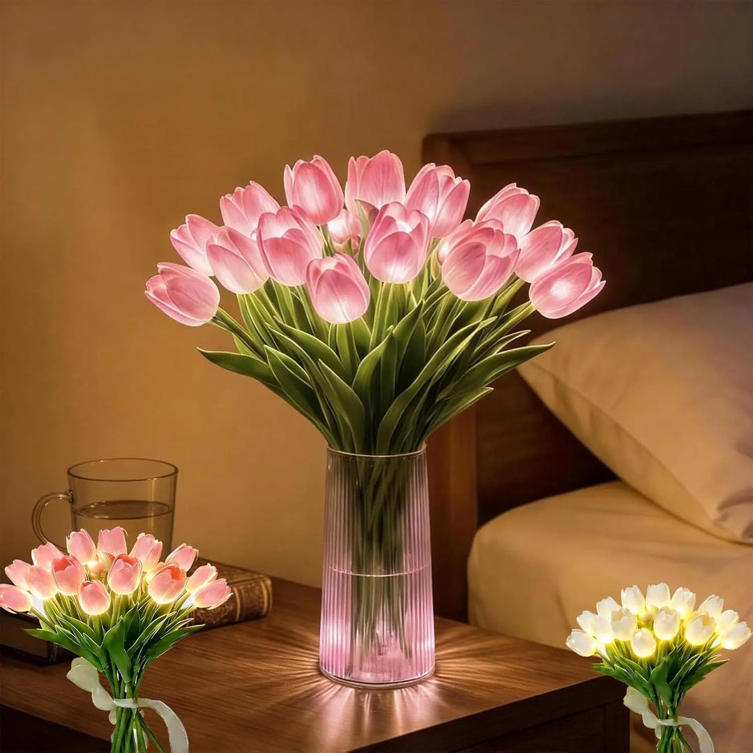 Yellow LED flower lamp on a bedside table, with inset bouquet details.